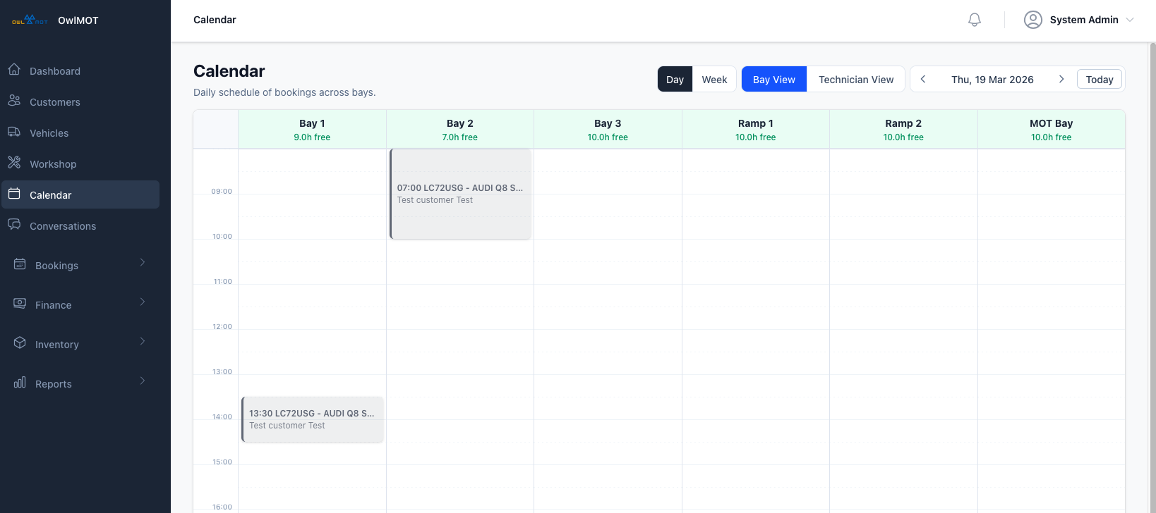 OwlGMS calendar view showing daily booking schedule across workshop bays with Bay View and Technician View options