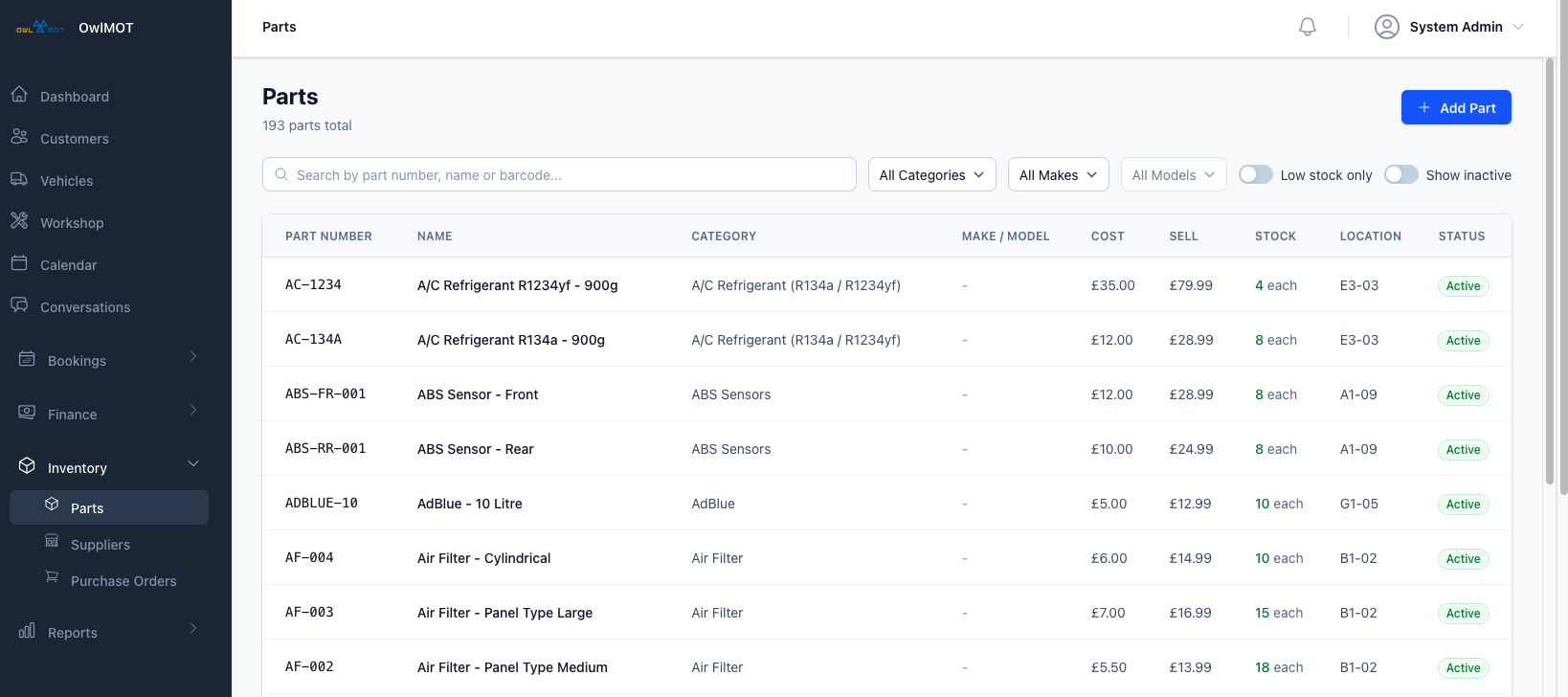 OwlGMS parts inventory showing 193 parts with part numbers, categories, cost and sell prices, stock levels, and bay locations